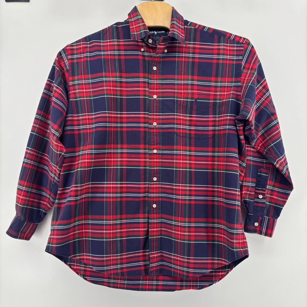 Polo Ralph Lauren Big Shirt Mens Large Red Navy Plaid Cotton Button Down LS pony